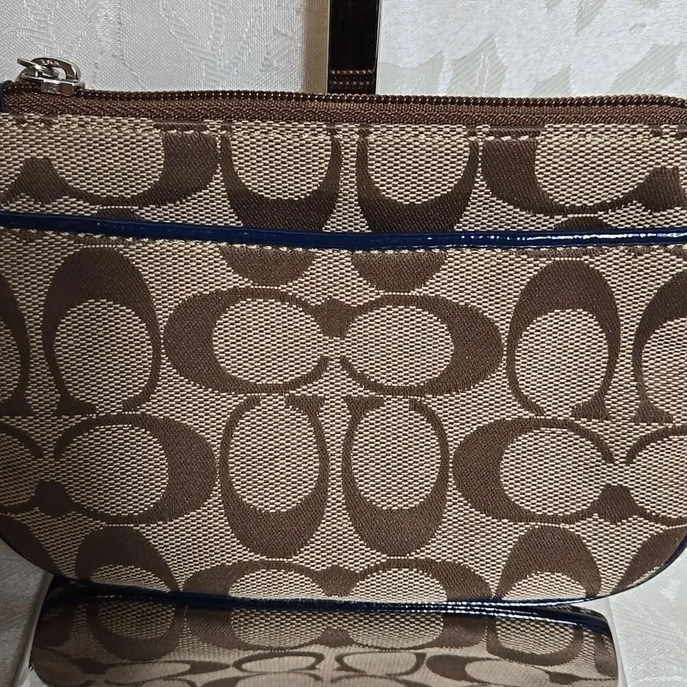 Coach Tan Y2K Logo Wristlet with Blue Patent Leather